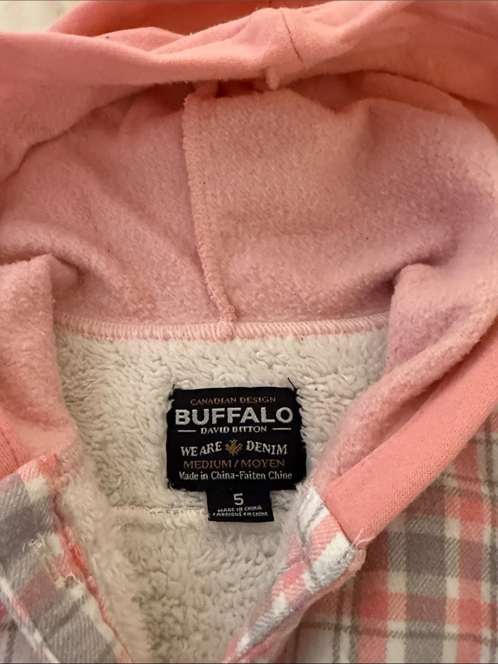 Buffalo Dave Bitton Kids Pink and Grey Plaid Hooded Button-Up Sherpa Shacket